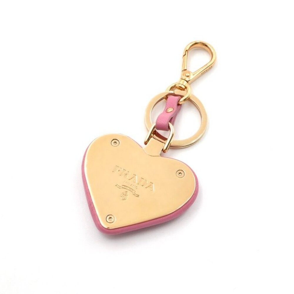 Prada Charm Pink Gold Nappa Leather Key Ring Logo Heart - Picture 3 of 7